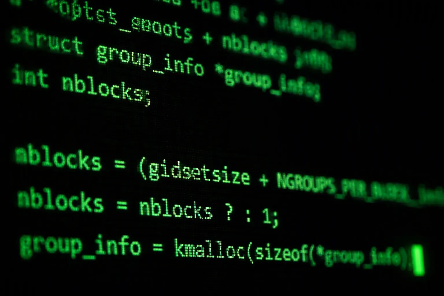 Extreme close-up of glowing green code with a blinking cursor — web engineering at Veles Labs