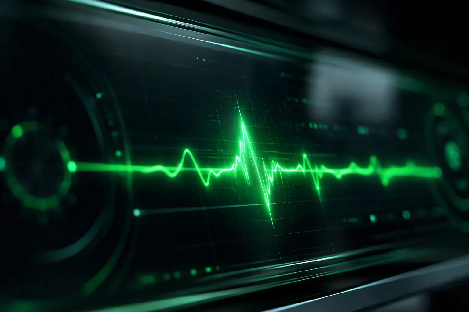 A vital-signs pulse line glowing emerald on a dark monitor — Veles P.U.L.S.E, built in-house by Veles Labs