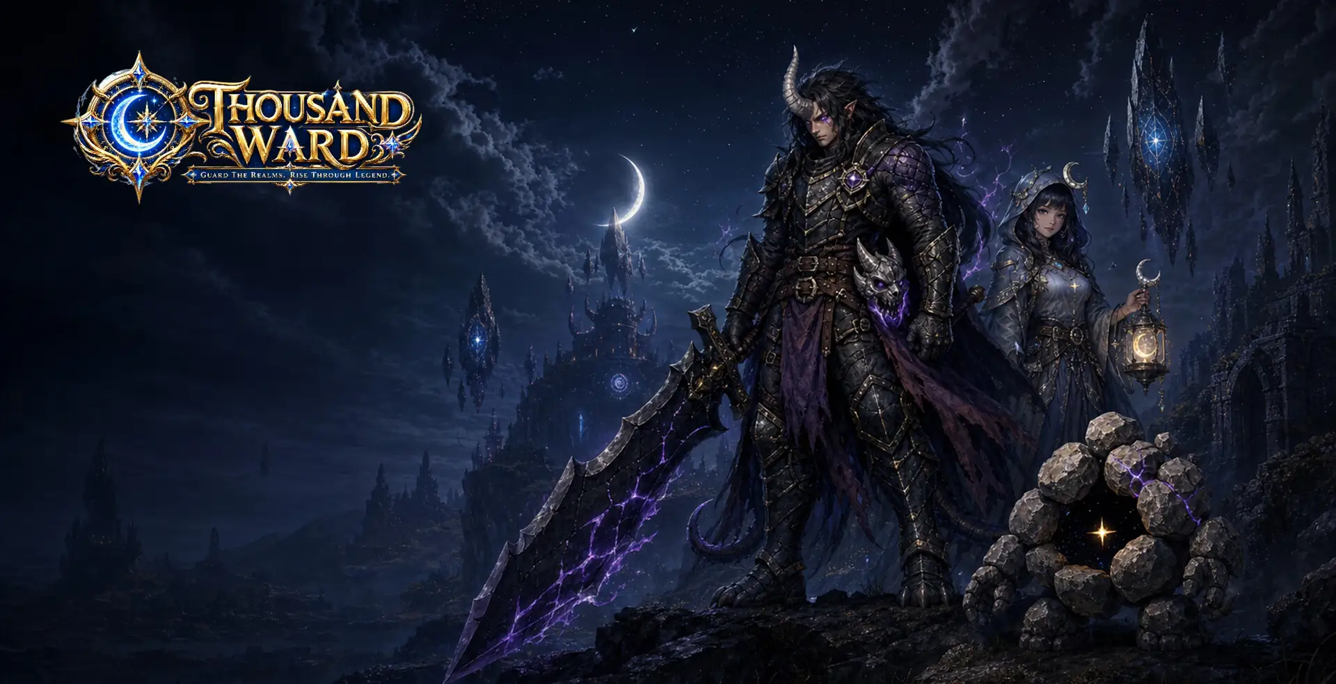 An armored Warden beneath a broken moon over a corrupted valley — key art from Thousand Ward, built and published on Steam by Veles Labs